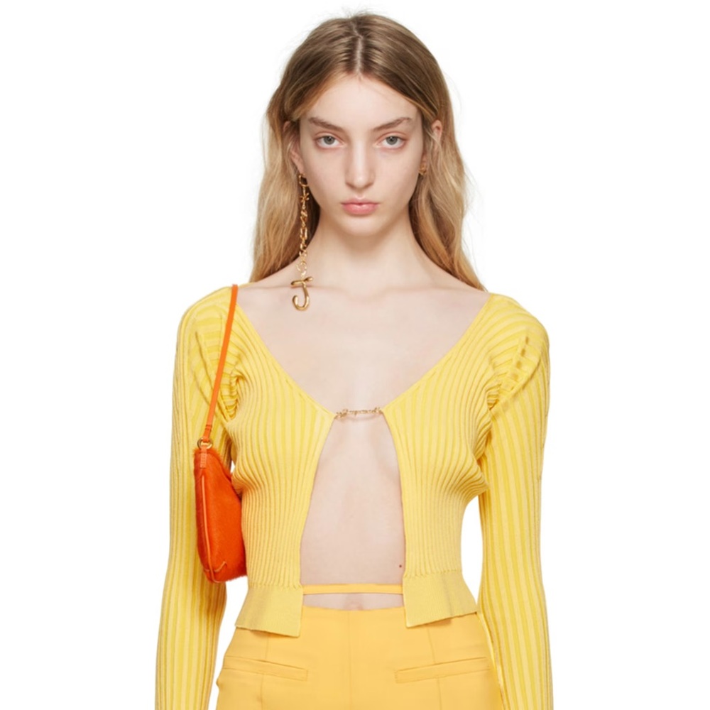 JACQUEMUS Yellow Le Raphia 'La Maille Pralù' Cropped Cardigan
